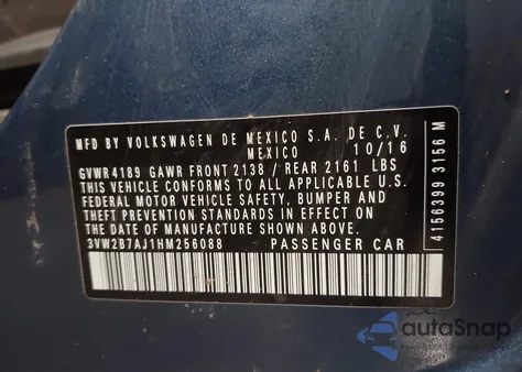 2017 Volkswagen Jetta 1.4T S z USA, uszkodzony, nr VIN 3VW2B7AJ1HM256088